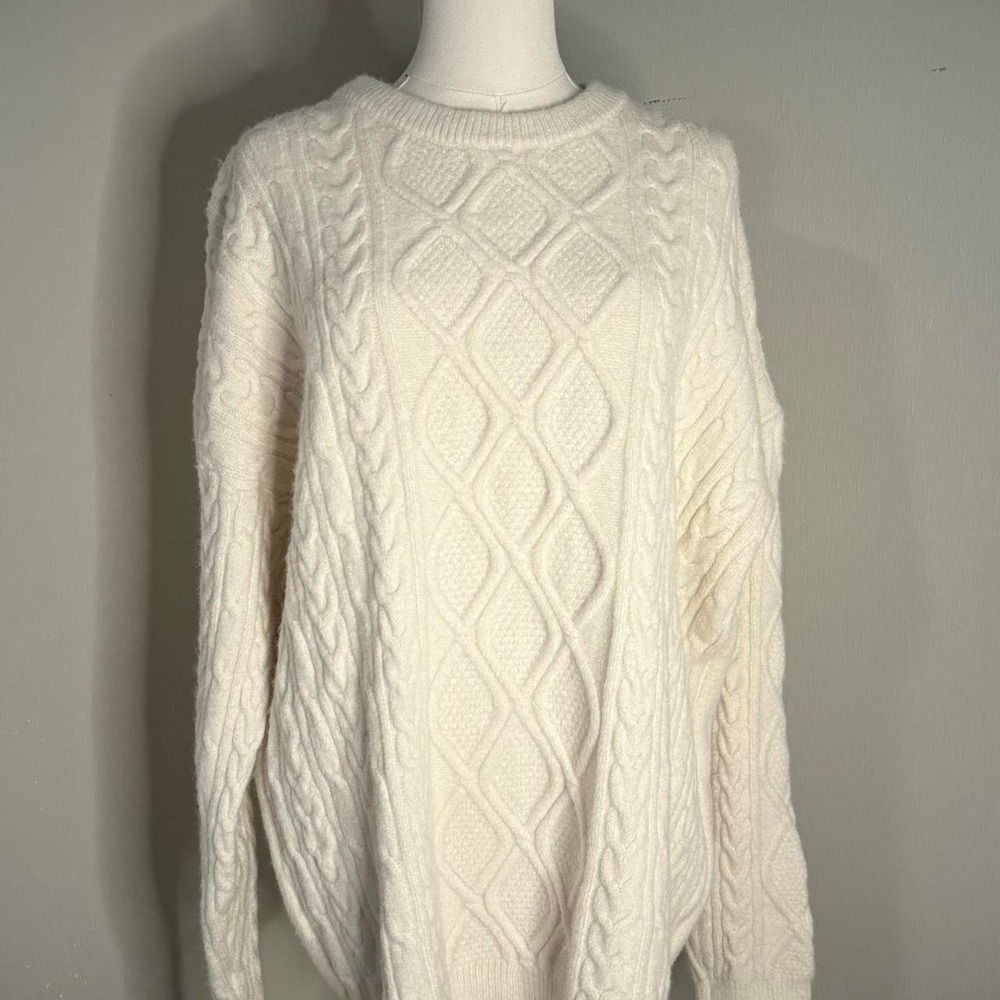 VAMTAC Womens Cream Cable Knit Sweater Thick Diamond Pullover Large Preppy